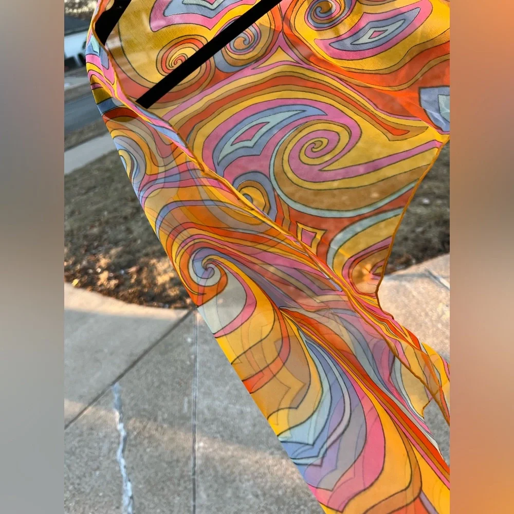 Sheer Paisley 1970s Mod Scarf /Ponytail Tie/Wrap Orange/Pink/Blue/Yellow 15βx44β - Picture 12 of 16